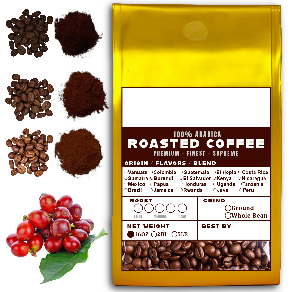 16 OZ Specialty Whole Bean and Ground Coffee Supreme Finest Artisan for Drips Cold Brew Espresso French Press Dark Medium Light Roast from Vanuatu Sumatra Ethiopia Brazil Kenya Colombia Guatemala Burundi Costa Rica East Java El Salvador Honduras etc